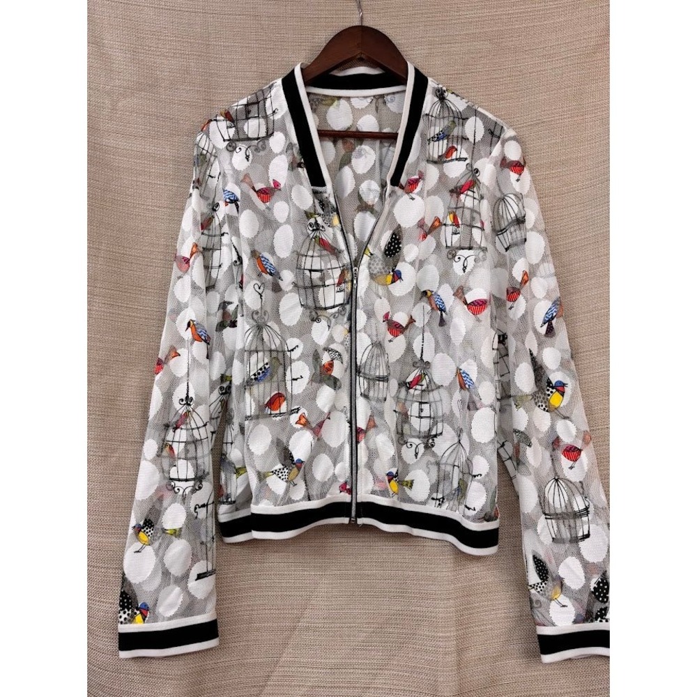 Womens Sheer Mesh Bomber Jacket Bird Birdcage Polka Dot Print Full Zip White L